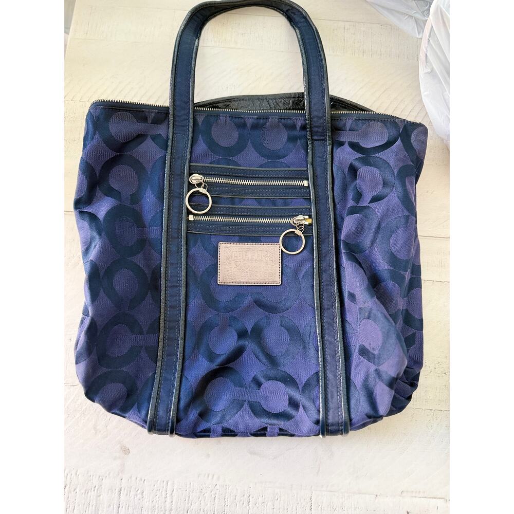 Coach "Poppy" Blue Signature Jacquard Tote Bag with Dual Zippered Pockets